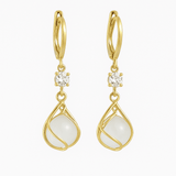 Gold Wire Wrapped White Opal Drop Earrings